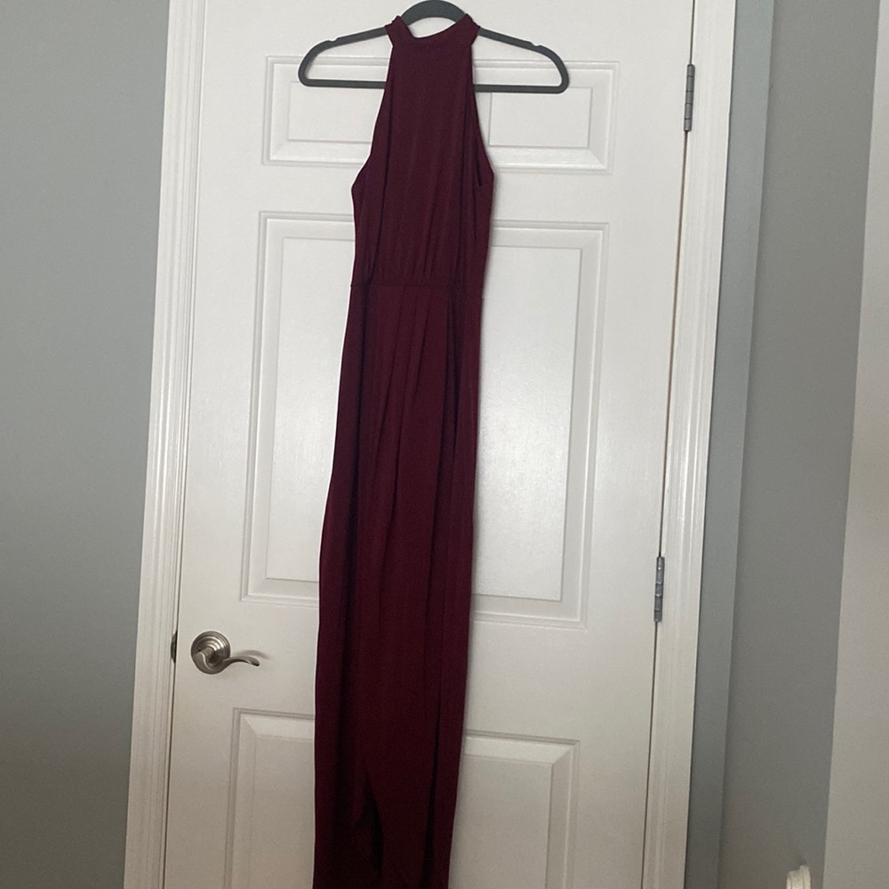 Maroon High Neck Gown with Front Slit and Flattering  Waist